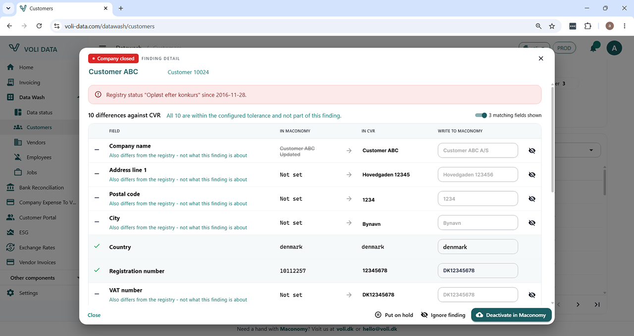 Finding detail comparing Maconomy data with the registry
